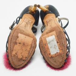 Pre Owned Sophia Webster Green Suede and Fur Detail Ankle Strap Wrap Up Sandals Size 38