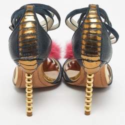 Pre Owned Sophia Webster Green Suede and Fur Detail Ankle Strap Wrap Up Sandals Size 38