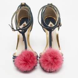 Pre Owned Sophia Webster Green Suede and Fur Detail Ankle Strap Wrap Up Sandals Size 38