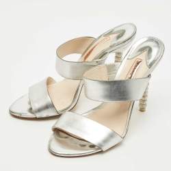 Pre Owned Sophia Webster Silver Foil Leather Crystal Embellished Heel Slide Sandals Size 37