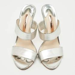Pre Owned Sophia Webster Silver Foil Leather Crystal Embellished Heel Slide Sandals Size 37
