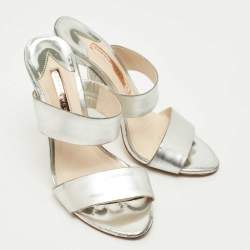 Pre Owned Sophia Webster Silver Foil Leather Crystal Embellished Heel Slide Sandals Size 37
