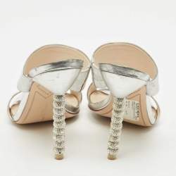Pre Owned Sophia Webster Silver Foil Leather Crystal Embellished Heel Slide Sandals Size 37