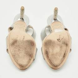 Pre Owned Sophia Webster Silver Foil Leather Crystal Embellished Heel Slide Sandals Size 37