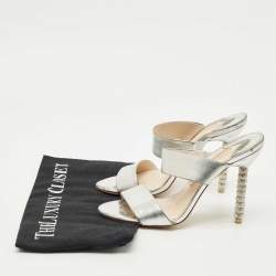 Pre Owned Sophia Webster Silver Foil Leather Crystal Embellished Heel Slide Sandals Size 37