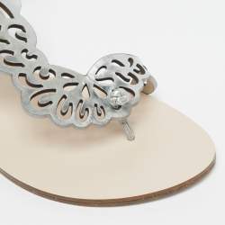 Pre Owned Sophia Webster Silver Leather Madame Butterfly Slingback Flat Slides Size 41