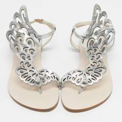 Pre Owned Sophia Webster Silver Leather Madame Butterfly Slingback Flat Slides Size 41