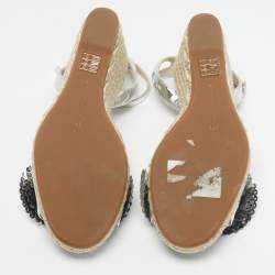 Pre Owned Sophia Webster Silver Patent Leather Soleil Espadrille Wedge Ankle Strap Sandals Size 39.5