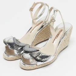 Pre Owned Sophia Webster Silver Patent Leather Soleil Espadrille Wedge Ankle Strap Sandals Size 39.5