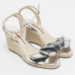 Pre Owned Sophia Webster Silver Patent Leather Soleil Espadrille Wedge Ankle Strap Sandals Size 39.5