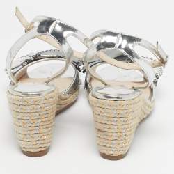 Pre Owned Sophia Webster Silver Patent Leather Soleil Espadrille Wedge Ankle Strap Sandals Size 39.5