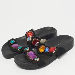 Pre Owned Sophia Webster Black Suede Crystal Embellished Flat Sandals Size 38