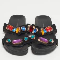 Pre Owned Sophia Webster Black Suede Crystal Embellished Flat Sandals Size 38
