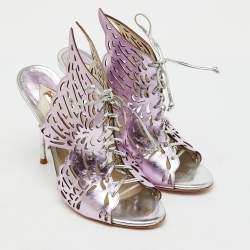Pre Owned Sophia Webster Metallic Purple Laser Cut Foil Leather Cherub Winged Lace Up Mule Sandals Size 36