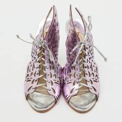 Pre Owned Sophia Webster Metallic Purple Laser Cut Foil Leather Cherub Winged Lace Up Mule Sandals Size 36