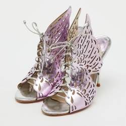 Pre Owned Sophia Webster Metallic Purple Laser Cut Foil Leather Cherub Winged Lace Up Mule Sandals Size 36