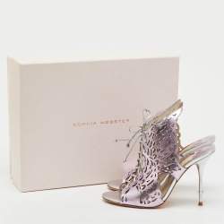 Pre Owned Sophia Webster Metallic Purple Laser Cut Foil Leather Cherub Winged Lace Up Mule Sandals Size 36