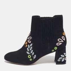 Pre Owned Sophia Webster Black Embroidered Suede Liliana Ankle Length Boots Size 37