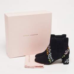 Pre Owned Sophia Webster Black Embroidered Suede Liliana Ankle Length Boots Size 37
