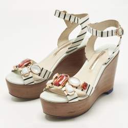 Pre Owned Sophia Webster White Leather Suki Gem Ankle Strap Wedge Sandals Size 40.5