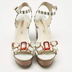 Pre Owned Sophia Webster White Leather Suki Gem Ankle Strap Wedge Sandals Size 40.5