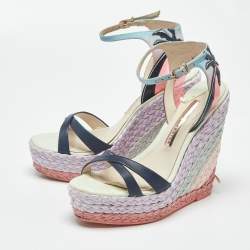 Pre Owned صندل سوفيا ويبستر سير كاحل نعل سميك كعب روكي لوسيتا رافيا جلد متعدد الألوان مقاس 38