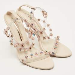 Pre Owned صندل سوفيا ويبستر سيور كاحل مزخرف كريستال جلد شفاف/كريمي ومادة بي في سي مقاس 37