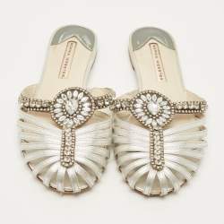 Pre Owned Sophia Webster Size 38 Silver Leather Crystal Embellished Flat Sandals