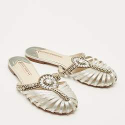 Pre Owned Sophia Webster Size 38 Silver Leather Crystal Embellished Flat Sandals