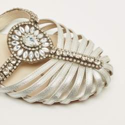 Pre Owned Sophia Webster Size 38 Silver Leather Crystal Embellished Flat Sandals