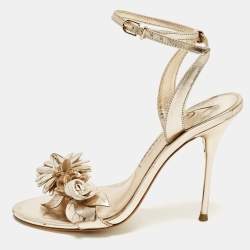 Pre Owned Sophia Webster Lilico Size 37.5 Metallic Rose Gold Leather Floral Embellished Ankle Wrap Sandals