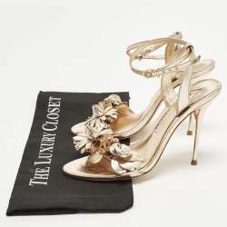 Pre Owned Sophia Webster Lilico Size 37.5 Metallic Rose Gold Leather Floral Embellished Ankle Wrap Sandals