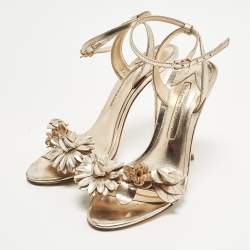 Pre Owned Sophia Webster Lilico Size 37.5 Metallic Rose Gold Leather Floral Embellished Ankle Wrap Sandals