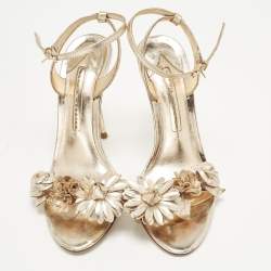 Pre Owned Sophia Webster Lilico Size 37.5 Metallic Rose Gold Leather Floral Embellished Ankle Wrap Sandals