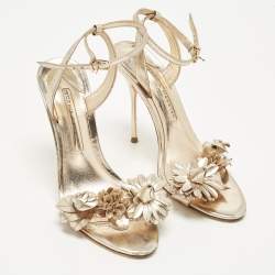 Pre Owned Sophia Webster Lilico Size 37.5 Metallic Rose Gold Leather Floral Embellished Ankle Wrap Sandals
