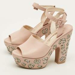 Pre Owned Sophia Webster Size 37 Pink Leather Platform Crystal Block Heel Sandals