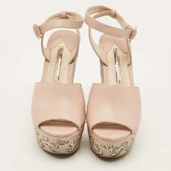 Pre Owned Sophia Webster Size 37 Pink Leather Platform Crystal Block Heel Sandals