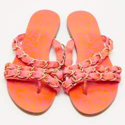 Pre Owned صندل سُوفيا وِيبستر مسطح قماش برتقالي/وردي سلسلة رابط مقاس 39.5