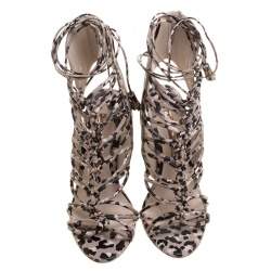 Pre Owned Sophia Webster Beige Leopard Print Leather Lacey Tie Up Sandals Size 39.5