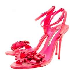Pre Owned Sophia Webster Fluorescent Pink Patent Leather Lilico Floral Embellished Ankle Wrap Sandals Size 38