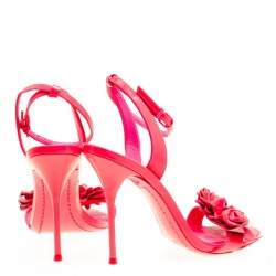 Pre Owned Sophia Webster Fluorescent Pink Patent Leather Lilico Floral Embellished Ankle Wrap Sandals Size 38