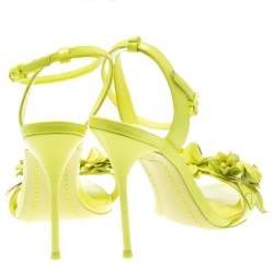 Pre Owned Sophia Webster Neon Green Leather Lilico Floral Embellished Ankle Wrap Sandals Size 36.5