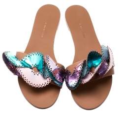 Sophia Webster Metallic Multicolor Laser Cut Leather Soleil Flat Slides Size 39