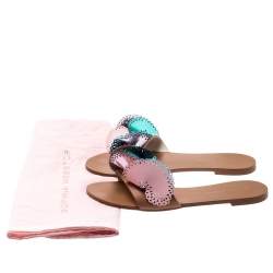 Sophia Webster Metallic Multicolor Laser Cut Leather Soleil Flat Slides Size 39