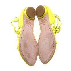 Pre Owned Sophia Webster Neon Green Leather Studded Flat Sandals Size 38