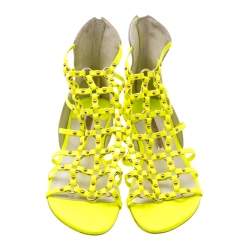 Pre Owned Sophia Webster Neon Green Leather Studded Flat Sandals Size 38