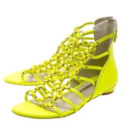 Pre Owned Sophia Webster Neon Green Leather Studded Flat Sandals Size 38