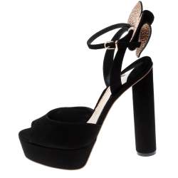 Pre Owned Sophia Webster Black Suede Raye Bow Ankle Strap Platform Sandals Size 38.5