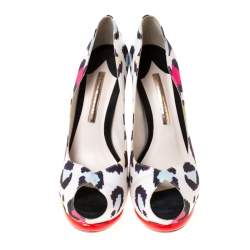 Sophia Webster Mutlicolor Leopard Print Fabric Peep Toe Platform Pumps Size 38.5
