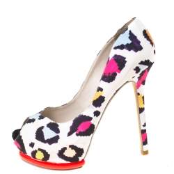 Sophia Webster Mutlicolor Leopard Print Fabric Peep Toe Platform Pumps Size 38.5